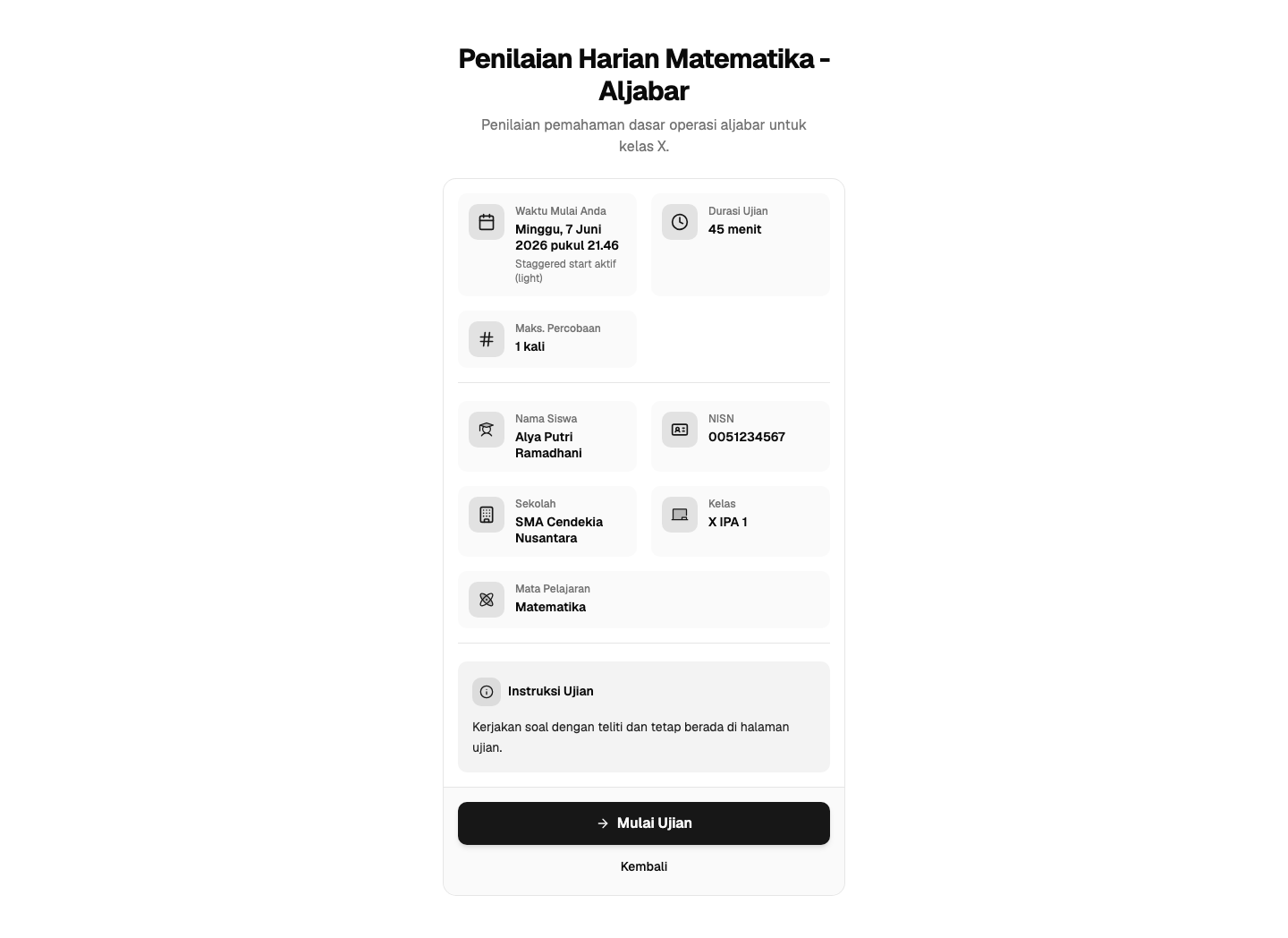 Informasi ujian sebelum mulai