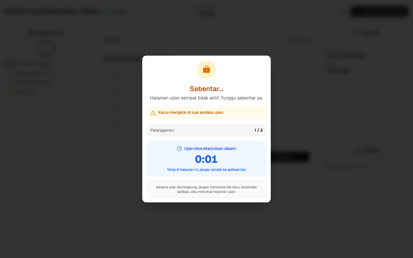 Tampilan saat ujian terkunci